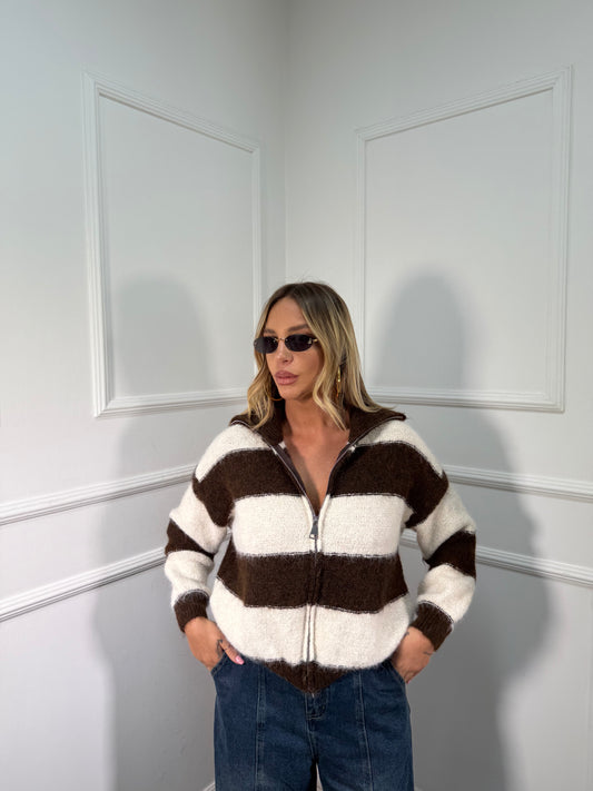 Maglioncino con zip misto lana cacao/panna 51201