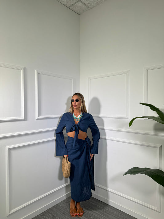 Coordinato semi velato in viscosa Seychelle blu c81117