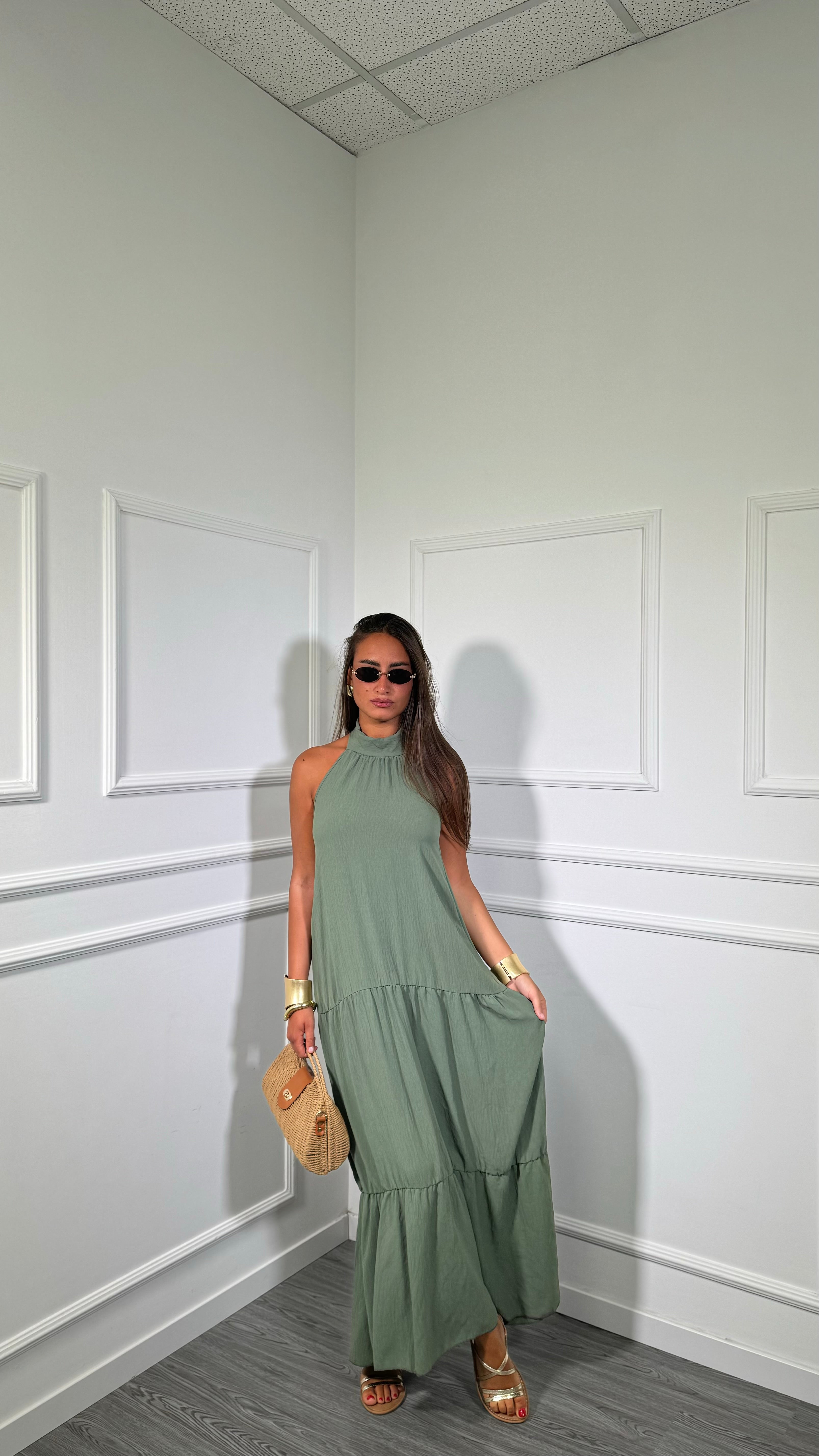 Abito midi con balze Desy verde militare