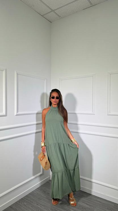 Abito midi con balze Desy verde militare