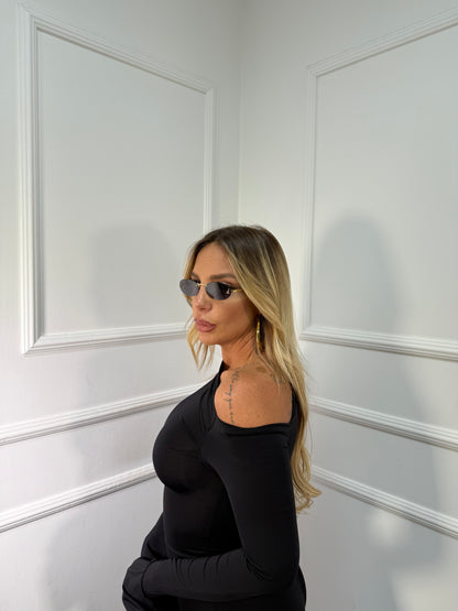 Jumpsuit in lycra scollo asimmetrico nera 14375