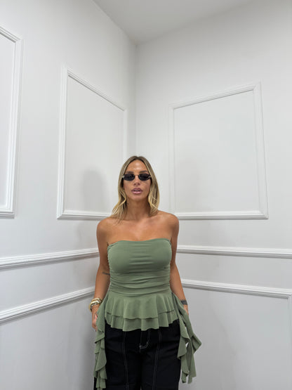 Top in lycra con rouches verde militare