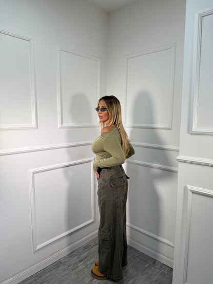 Jeans baggy con tasconi verde militare k905723