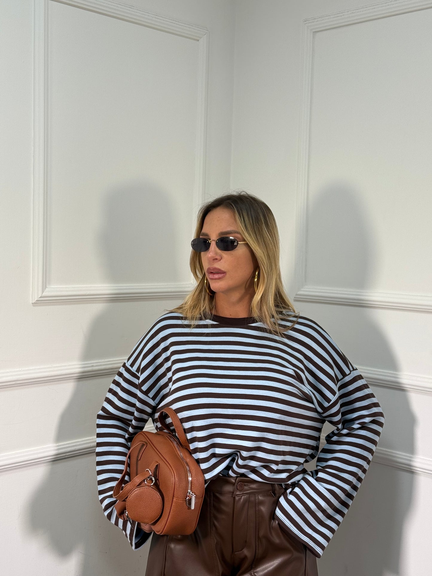 Shirt in cotone garzato manica campana Cindy polvere/cacao f1109