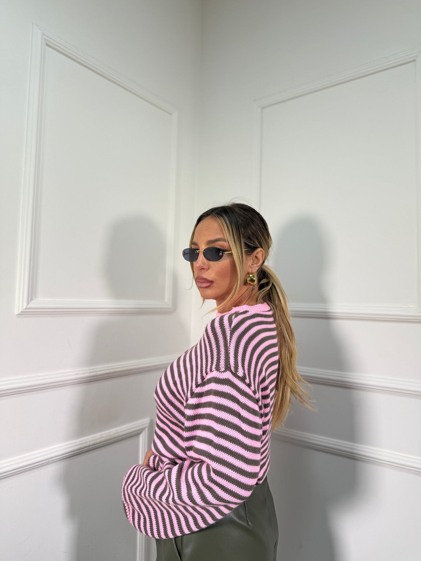 Pullover in maglia a righe manica campana verde/rosa 025835