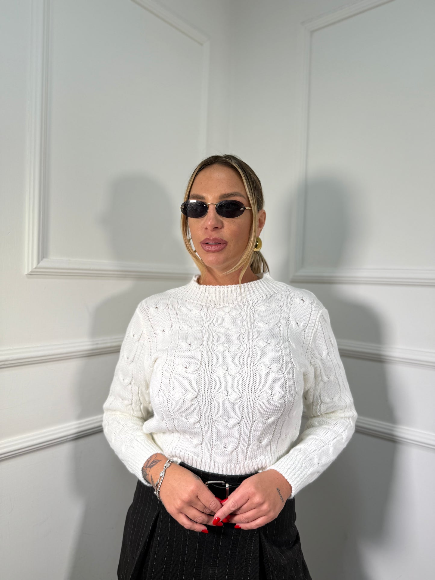 Pullover mezzo collo con trecce bianco 022459