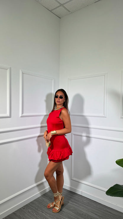 Abito corto con balza Sheryl rosso