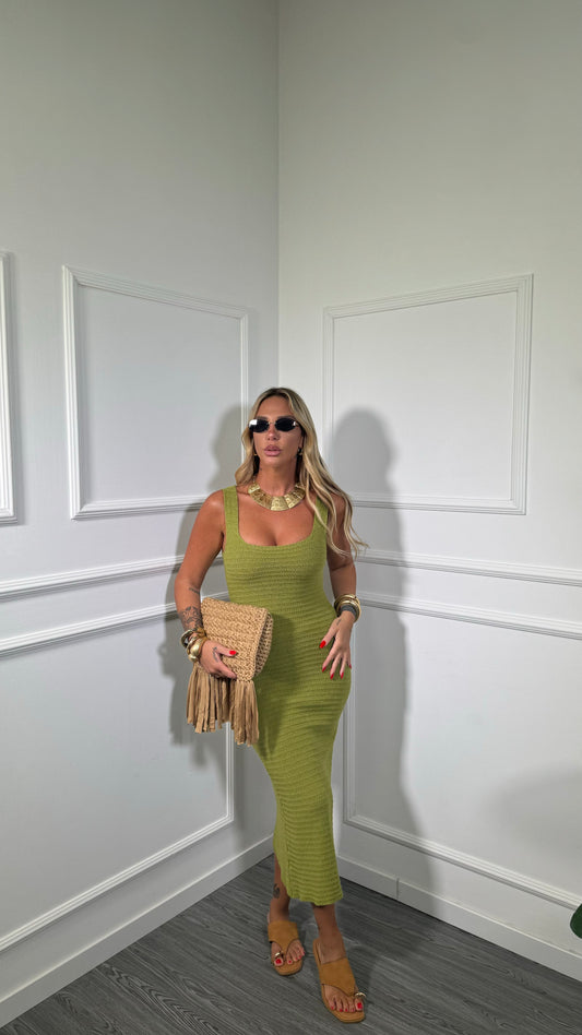 Abito midi in crochet scollo squadrato Dominique verde acido