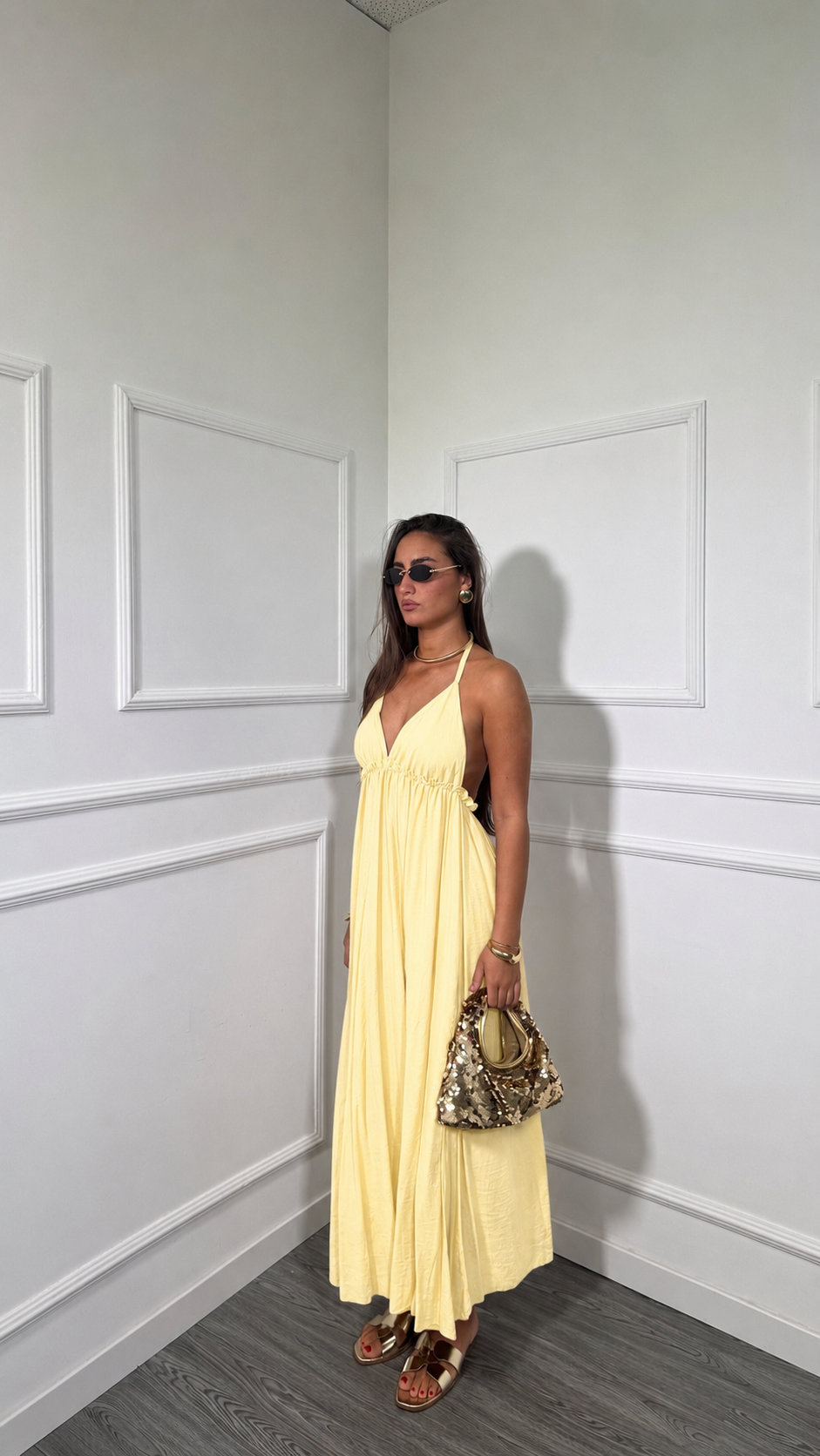 Abito lungo misto lino scollato sul retro Scraio giallo pastello  66609