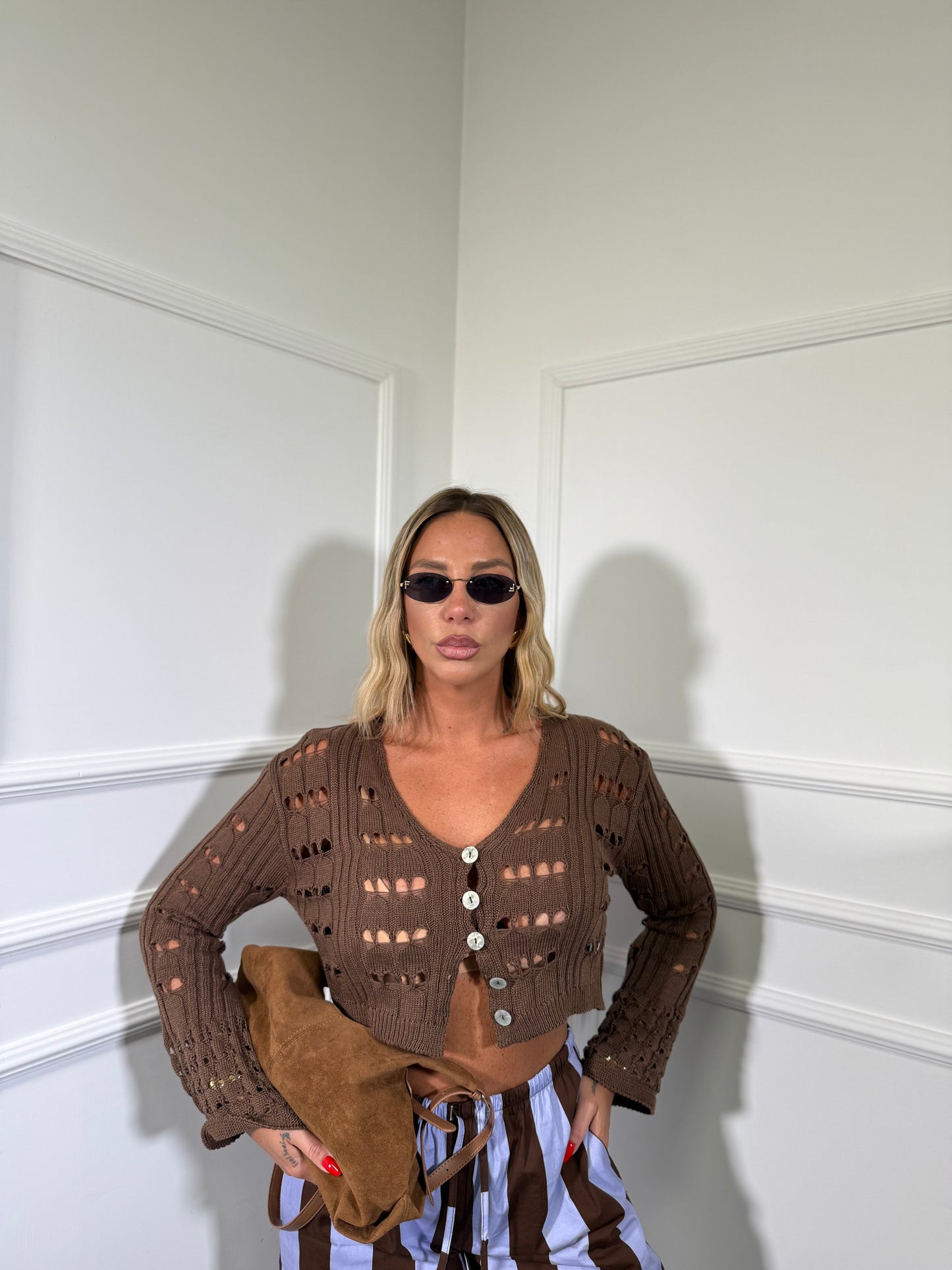 Cardigan traforato in filo Ibiza cioccolato 35312