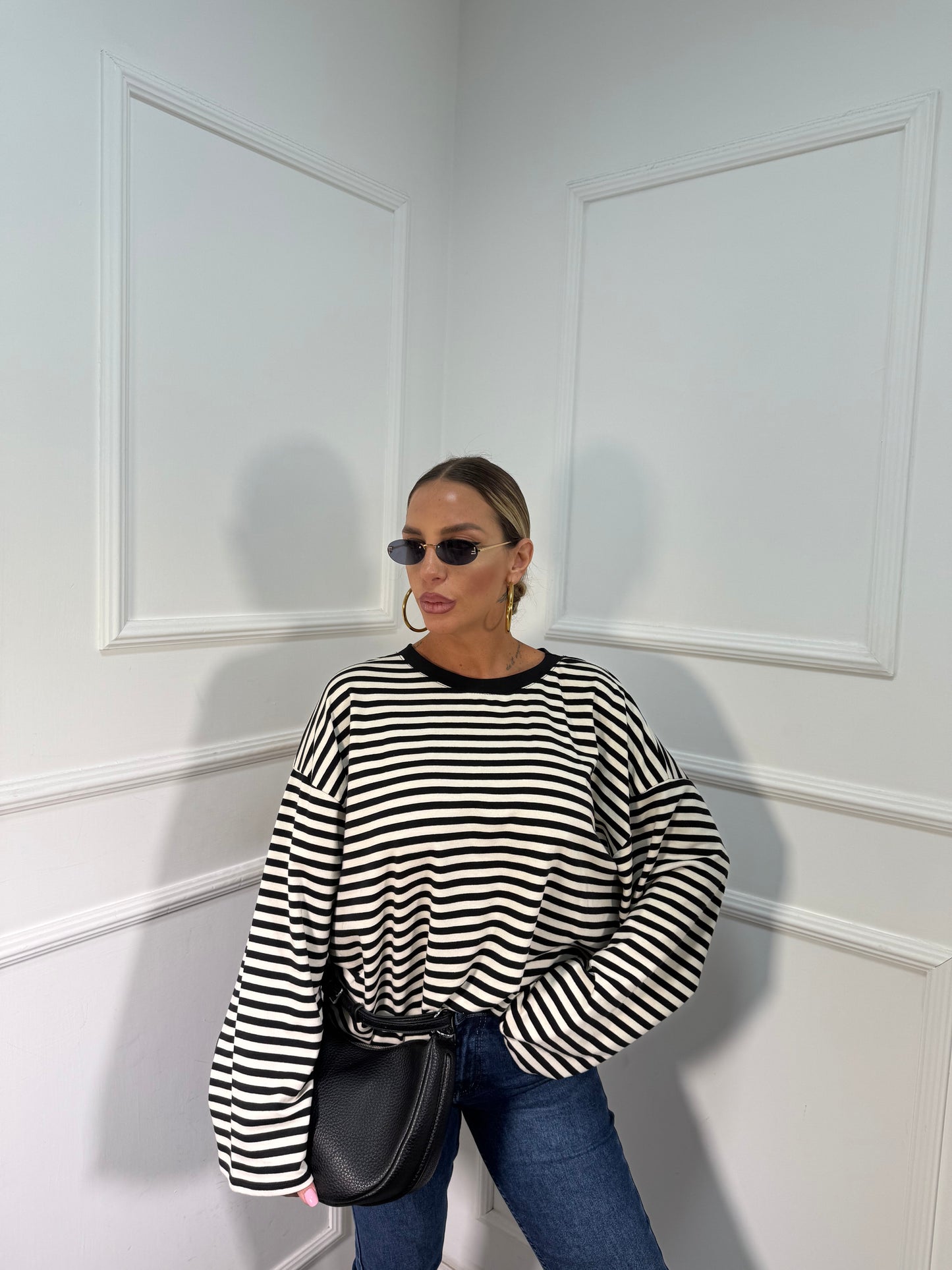 Shirt in cotone garzato manica campana Cindy bianco/nero f1109/226401