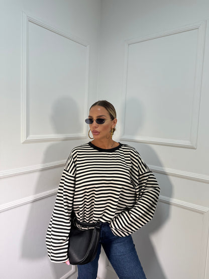 Shirt in cotone garzato manica campana Cindy bianco/nero f1109/226401