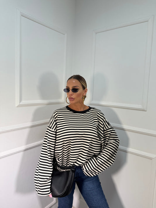 Shirt in cotone garzato manica campana Cindy bianco/nero f1109/226401