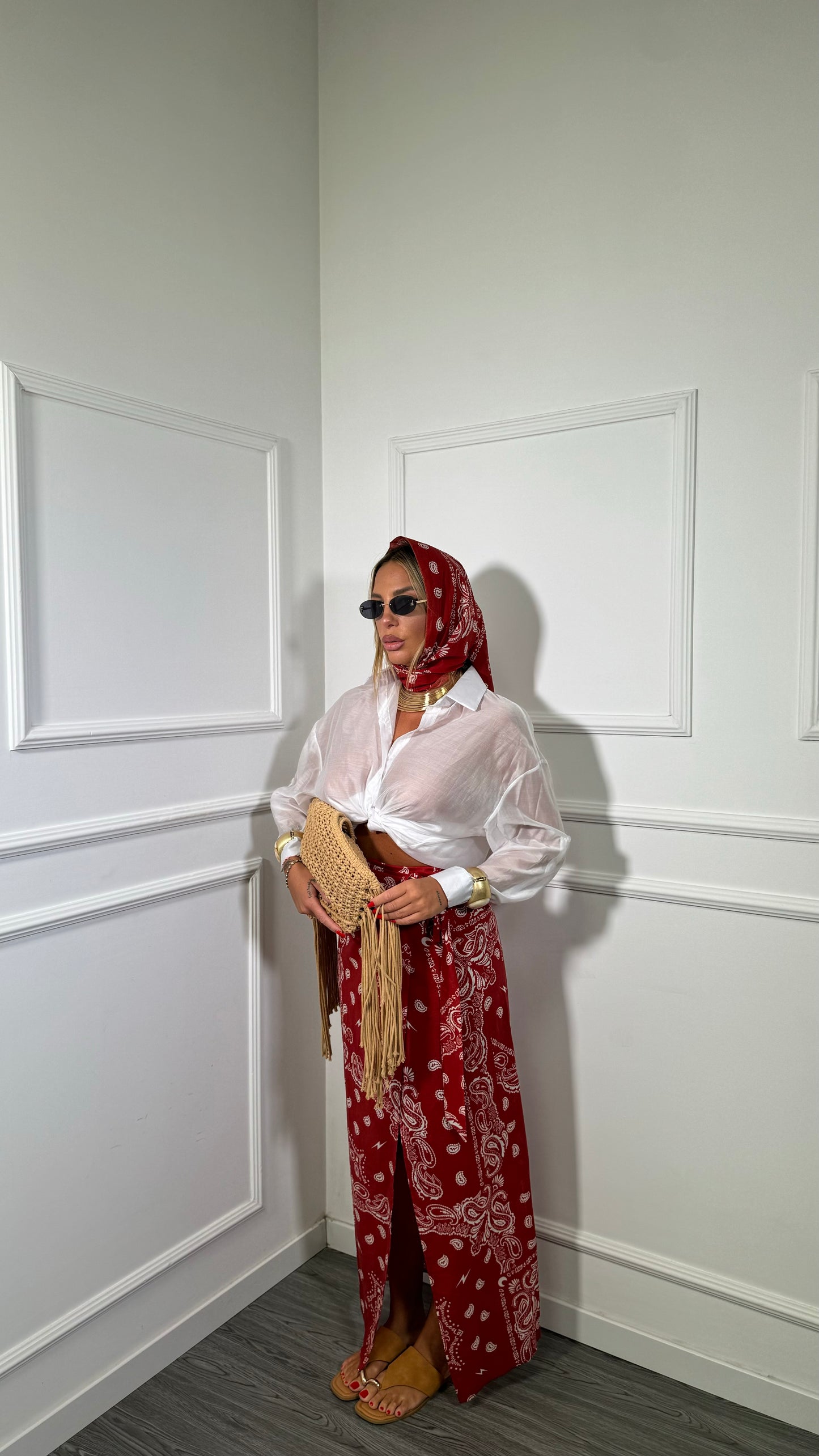 Pareo lungo + bandana in cotone fantasia bandana Ksamil rosso f1801