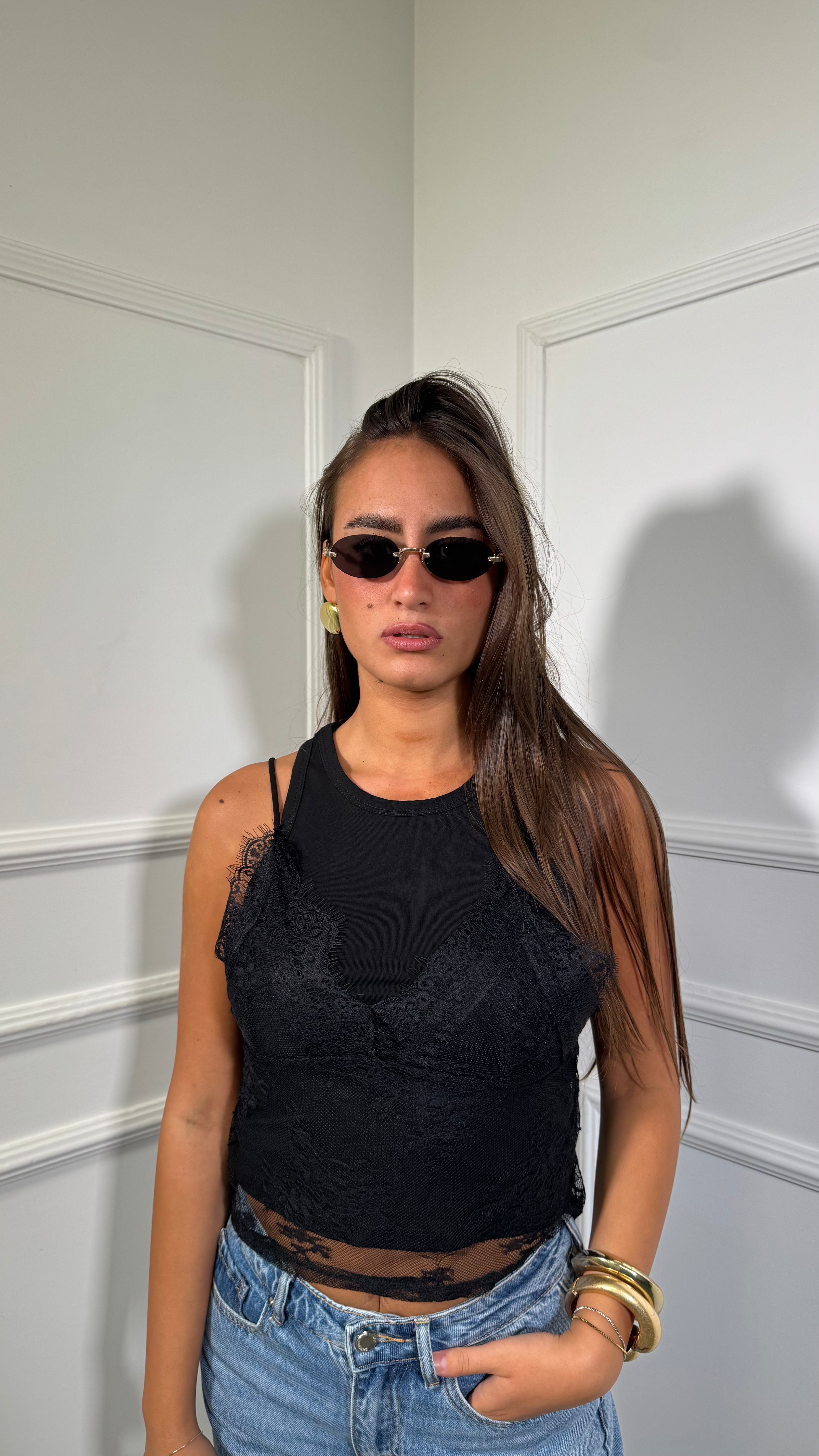 Canotta con top in pizzo nera