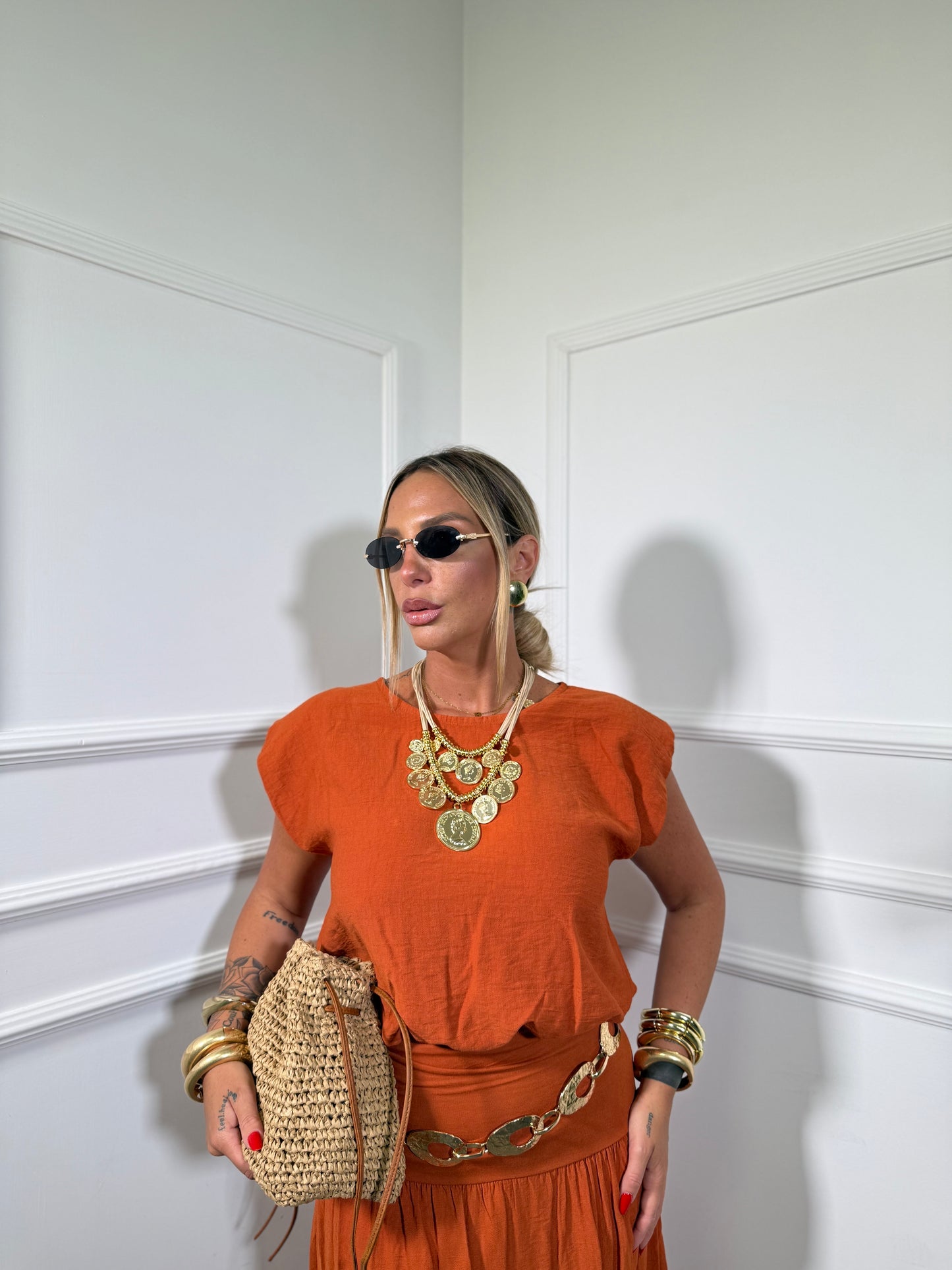 Coordinato misto lino con gonna Havana arancio 26152