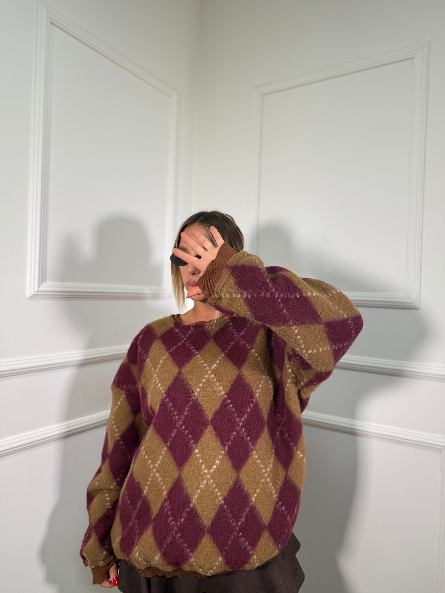 Maxipullover con spalline lana cotta con spalline Nora camel/bordeaux m303971