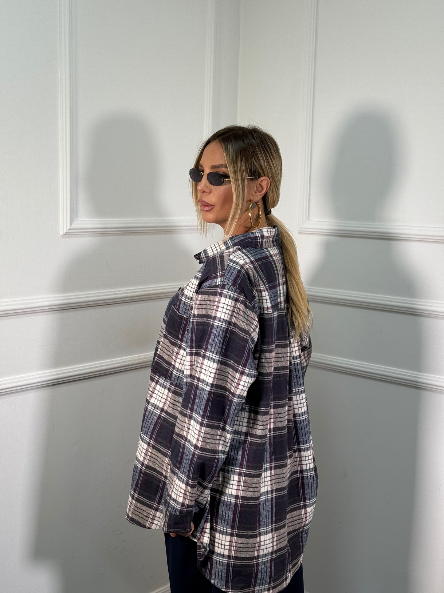 Camicia oversize in flanella con spalline Marshal blu/bordeaux