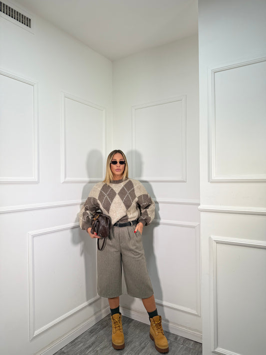 Bermuda gessato misto lana con cintura Courtney taupe