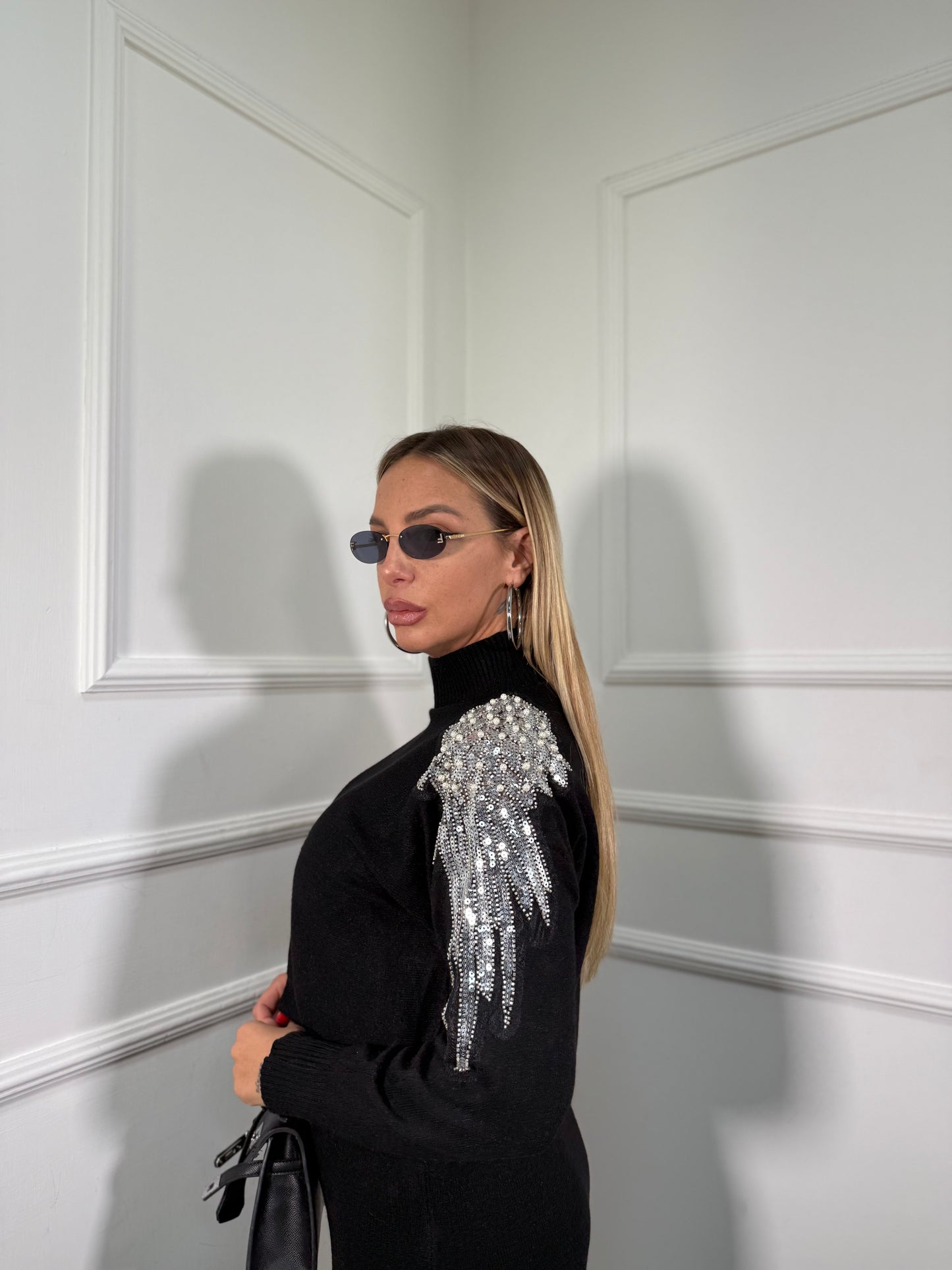 Coordinato midi in lana rasata con Swarovski nero g105