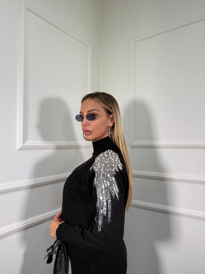 Coordinato midi in lana rasata con Swarovski nero g105