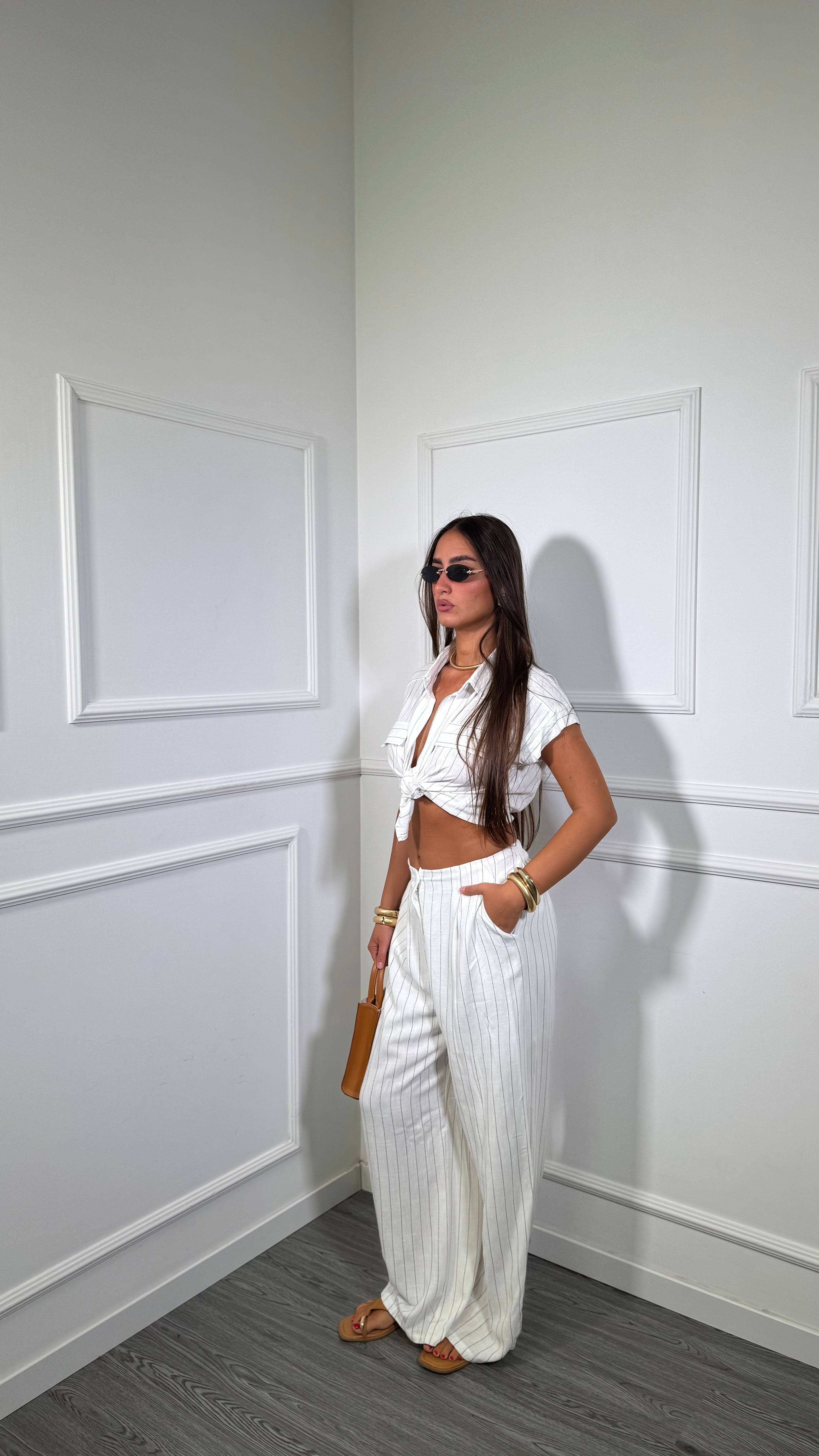 Coordinato gessato misto lino Bethany bianco 8095