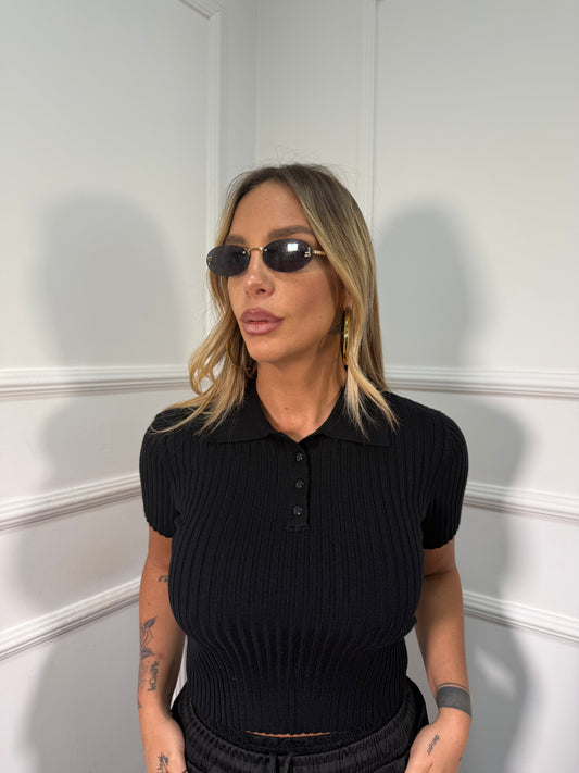 Polo a costine lana rasata nera em8202