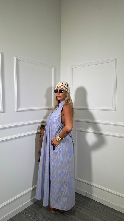 Maxi camicione a righe scollo sul retro Claryss azzurro 4601
