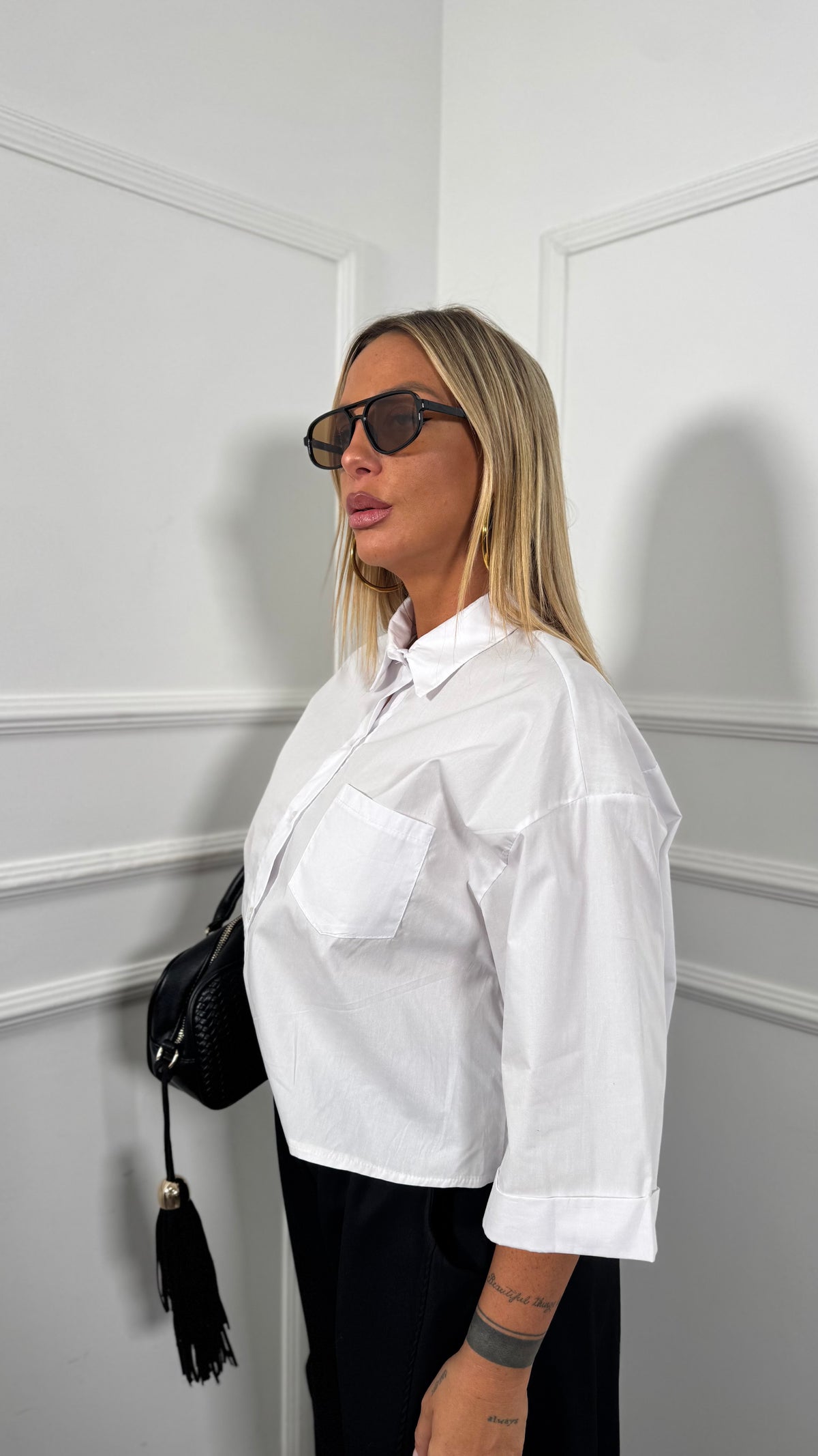 Camicia crop mezza manica in cotone Easy bianca m13578