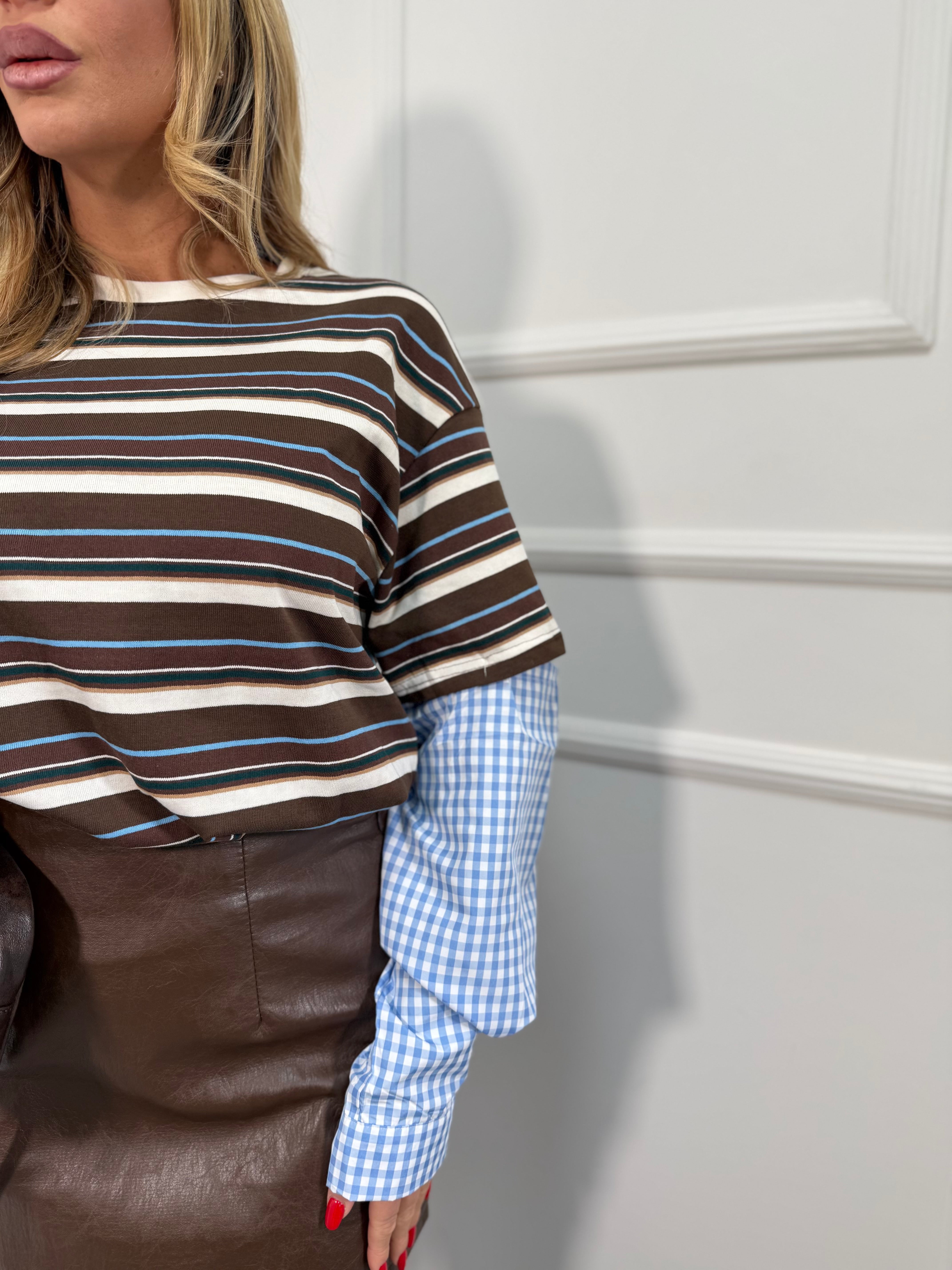 T-shirt con manicotti in camicia Taylor cacao/azzurro 19326