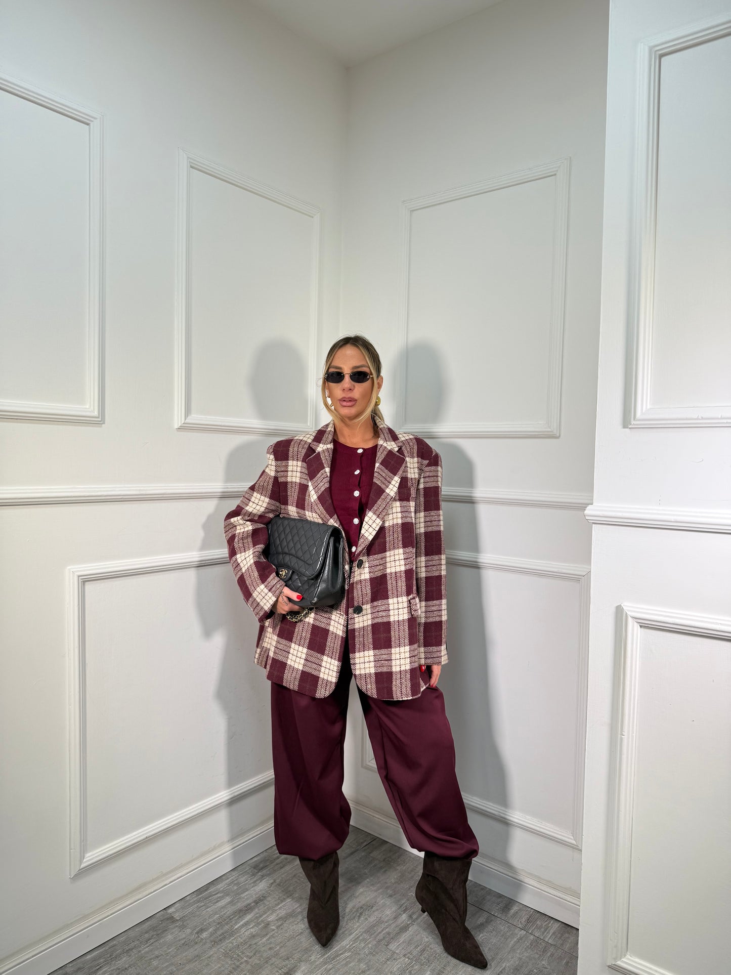 Cappottino in lana cotta a quadri British bordeaux l9308 by lumina