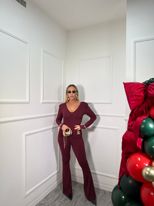 Jumpsuit con drappeggio e spilla Diptyque bordeaux 6650