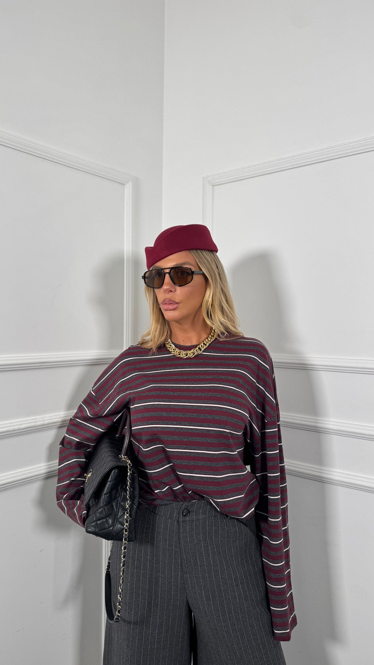 Shirt lunga manica a righe by lumina Stripes bordeaux/grigio ld6221