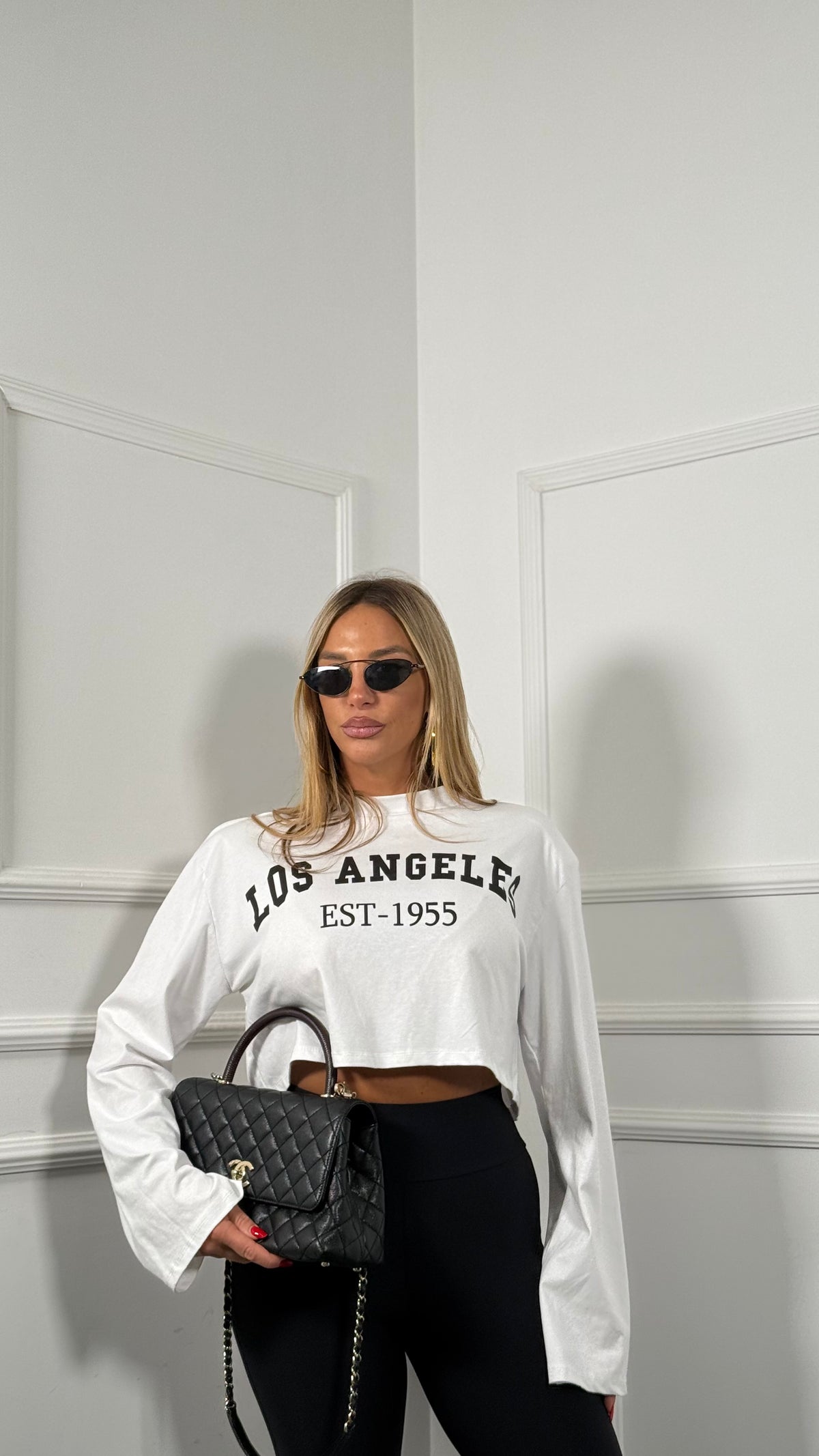Shirt crop manica a campana Los Angeles bianca