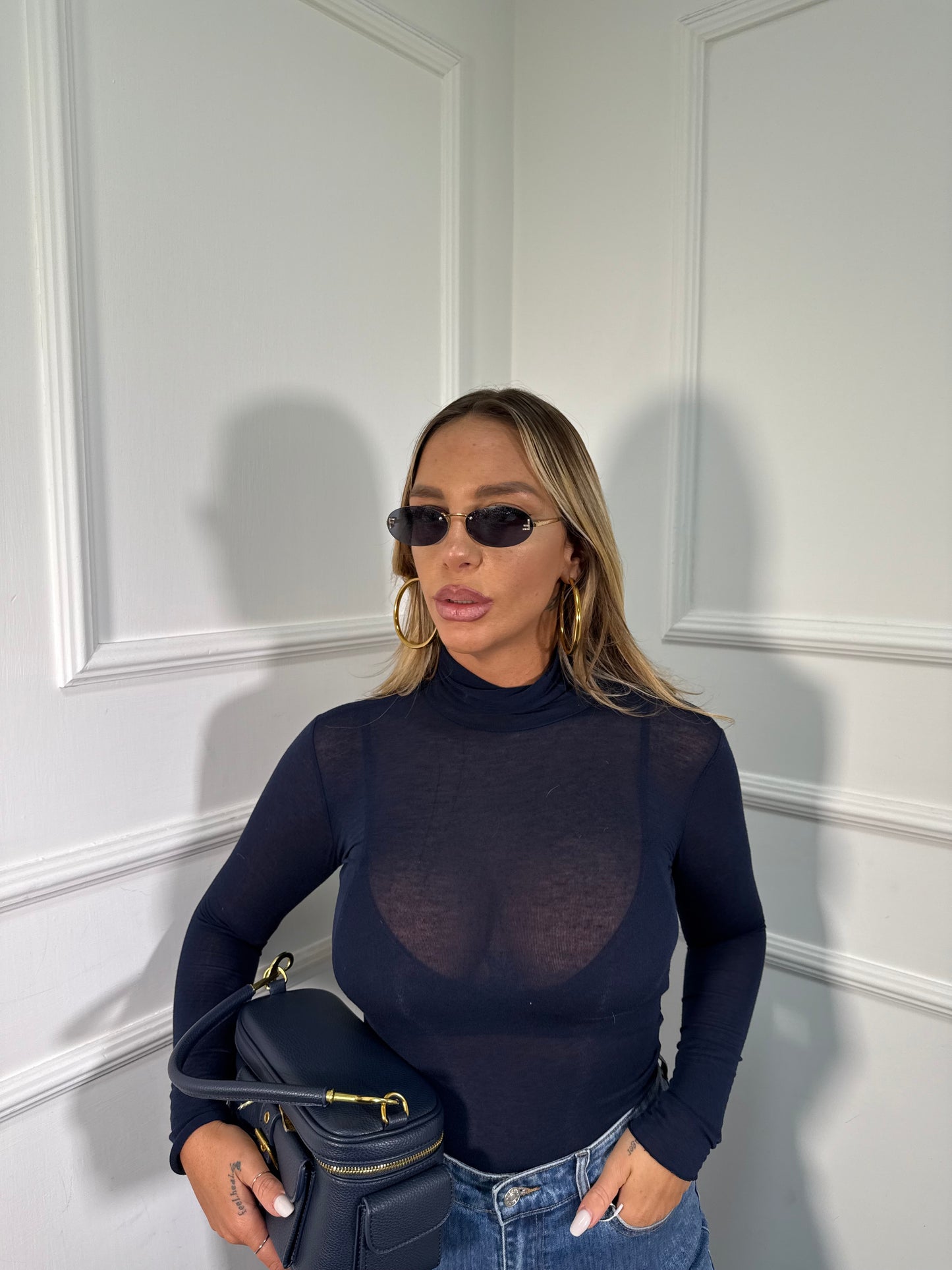 Shirt semi velata collo alto Jolly blu misto cashmere 28029