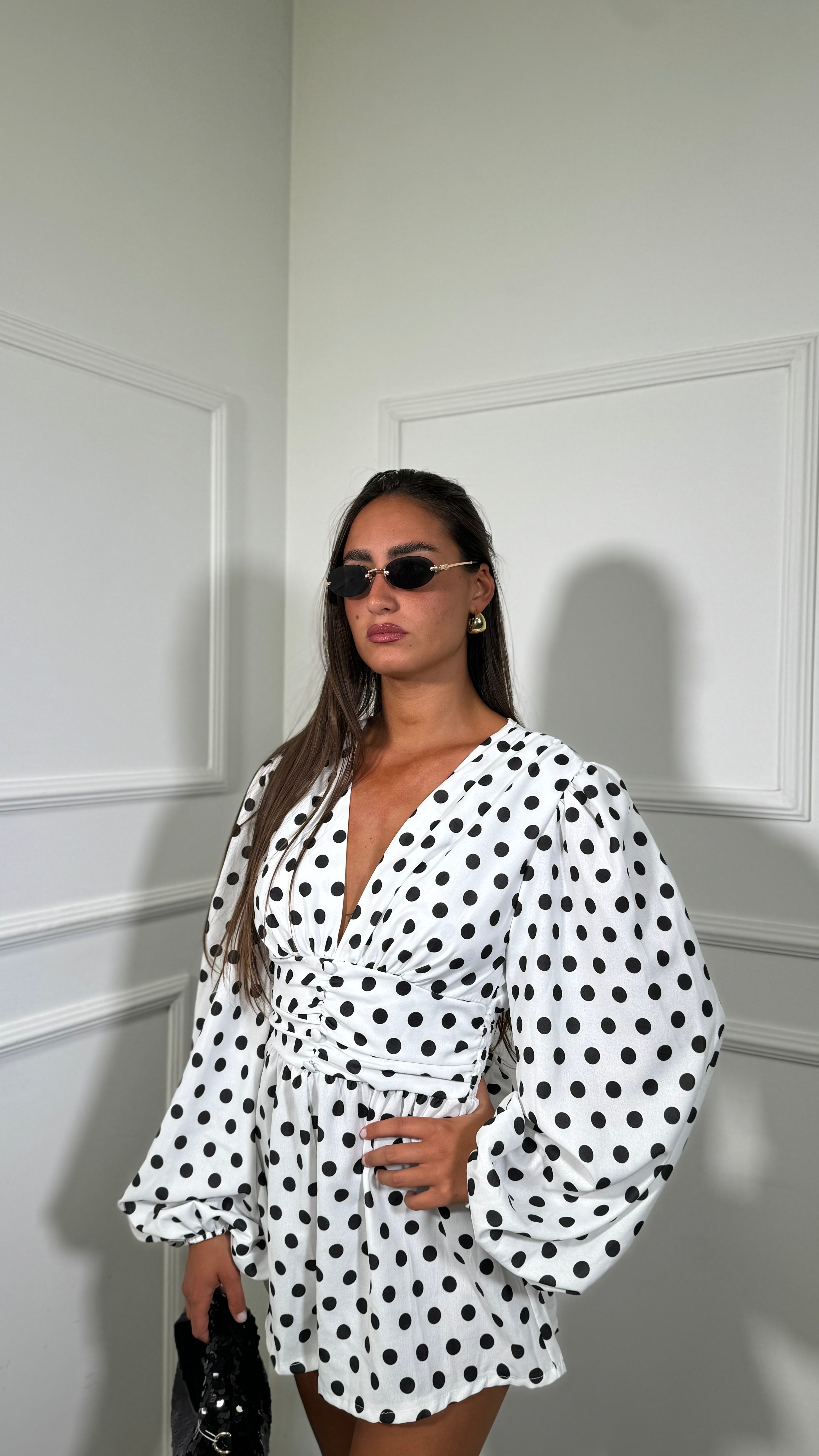 Jumpsuit a pois manica balloon Dafne bianca 80164