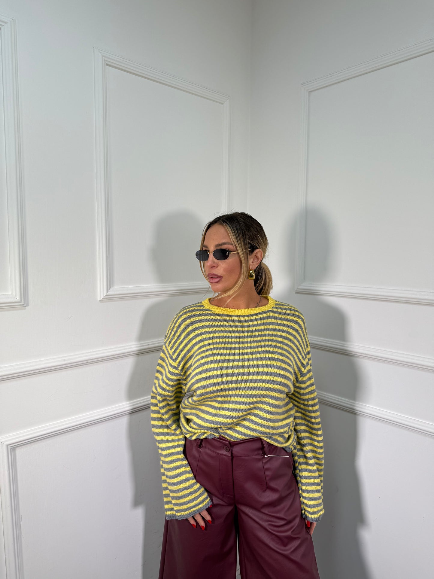 Pullover in maglia a righe manica campana grigio/giallo 025835