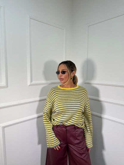Pullover in maglia a righe manica campana grigio/giallo 025835