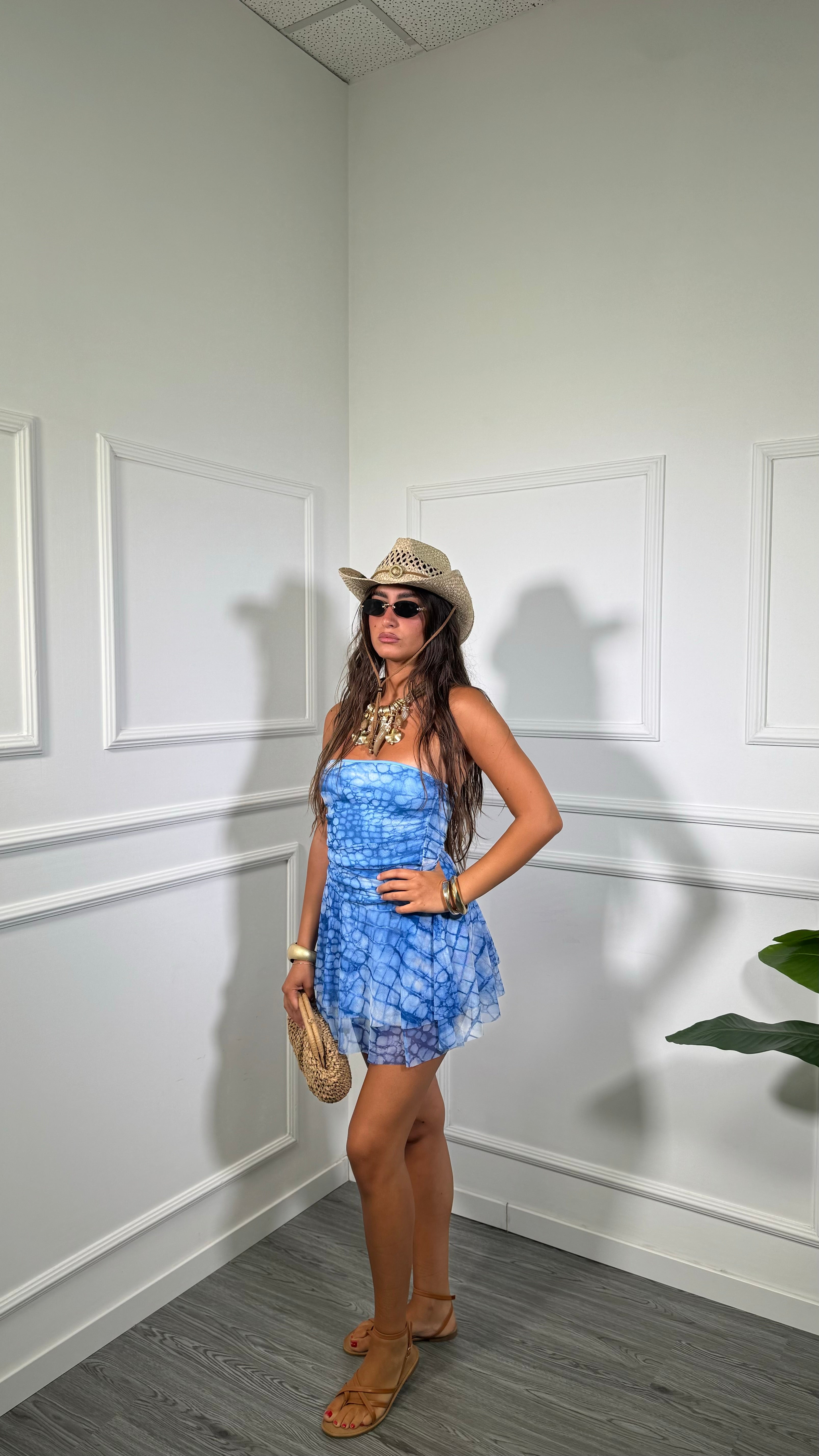 Abito corto a fascia in chiffon Goy azzurro 54629