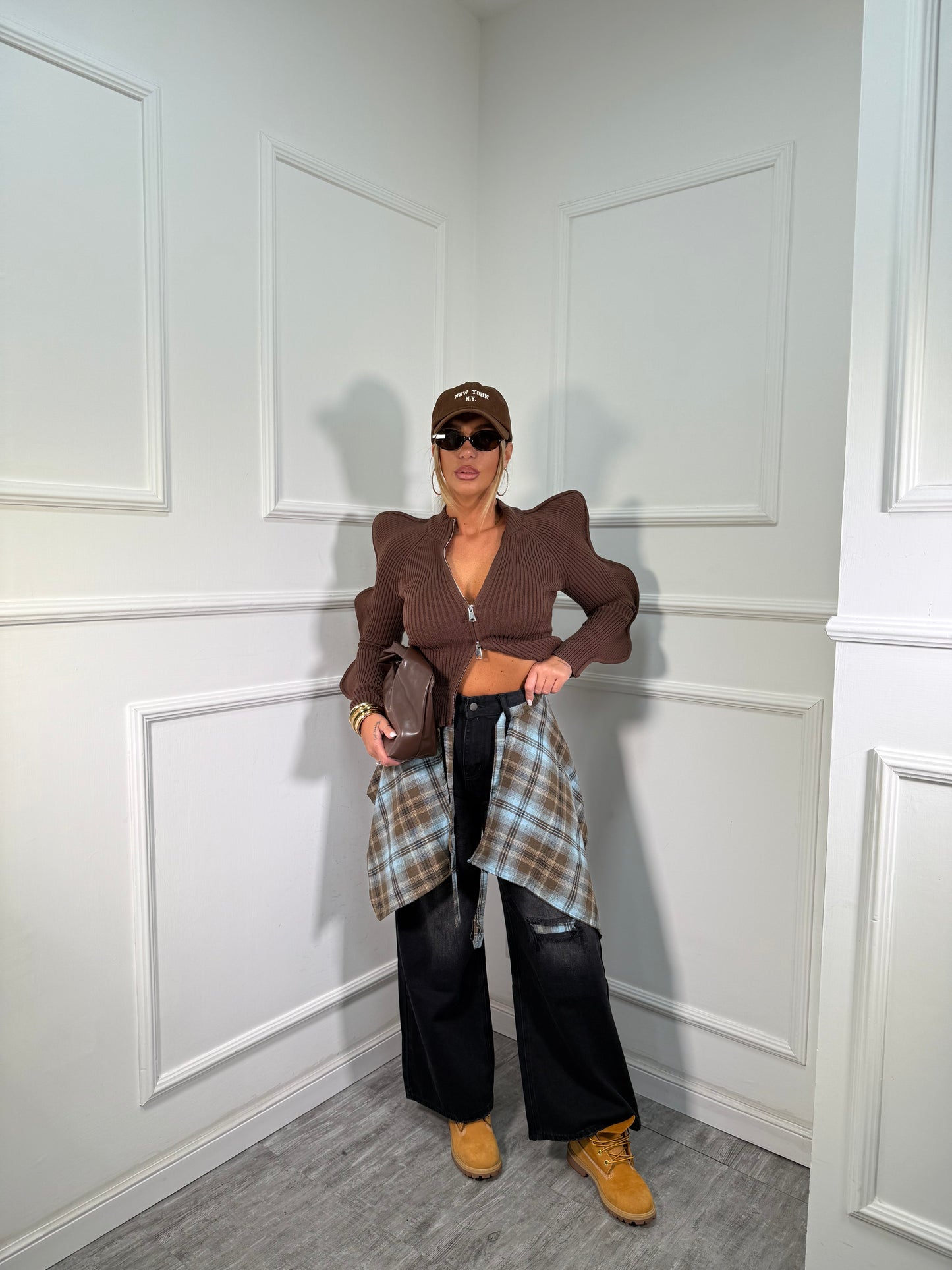 Jeans palazzo con camicia tartan premium quality