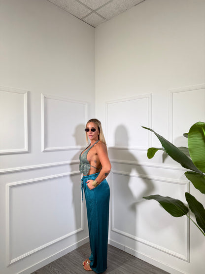 Pantaloni palazzo in satin Must Have petrolio 24205