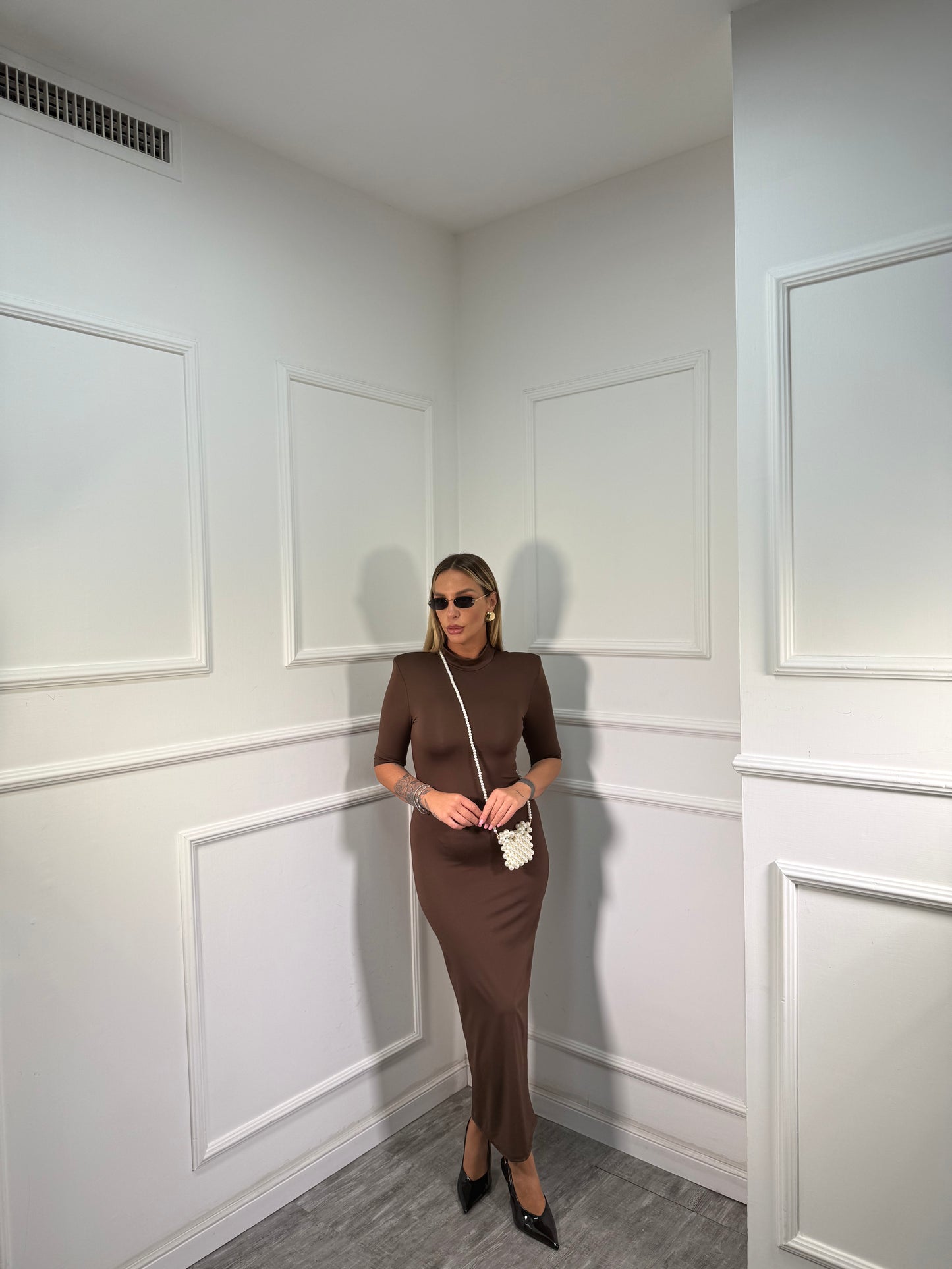 Abito midi in lycra con spalline cioccolato 27333