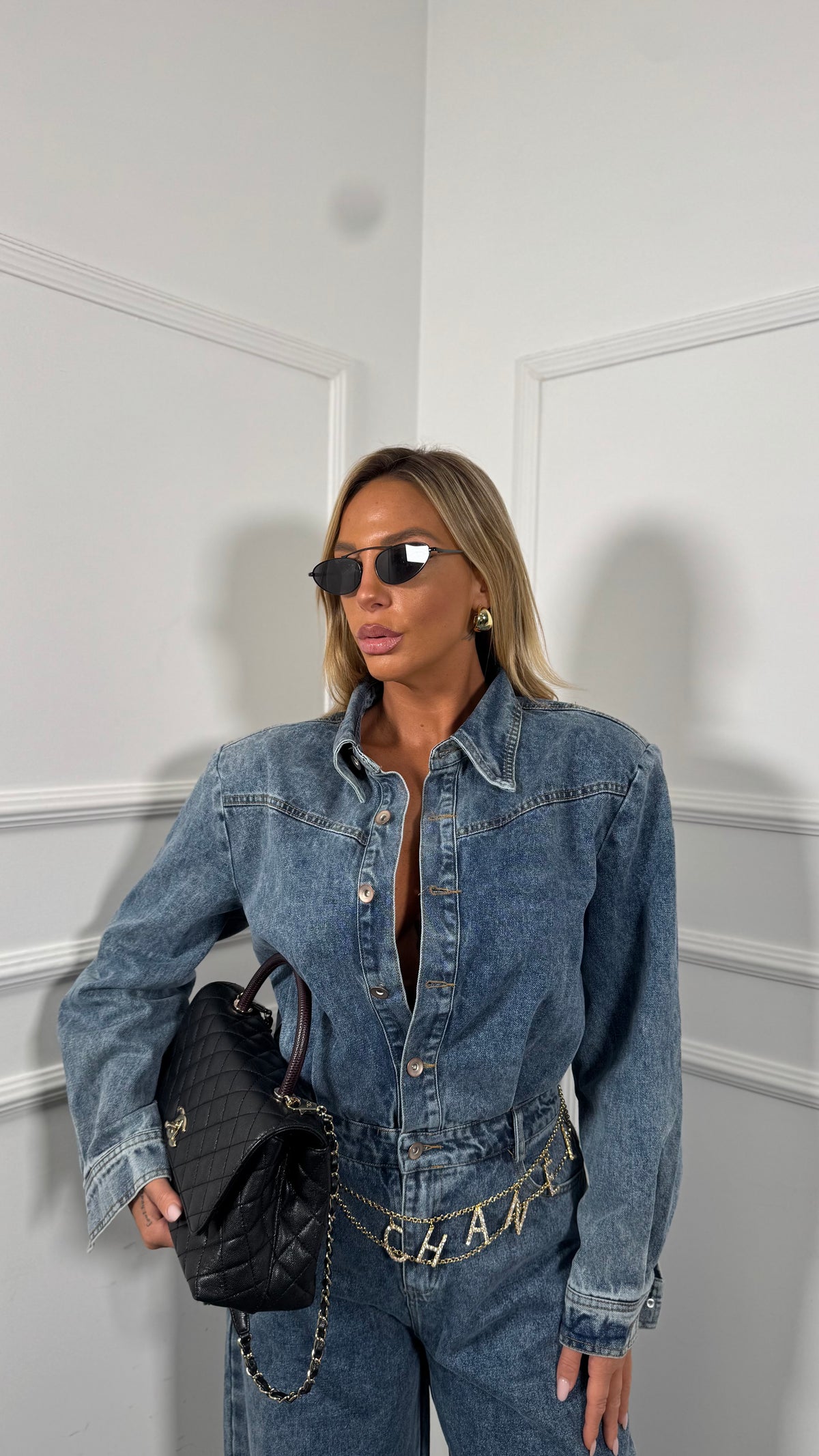 Jumpsuit palazzo in denim con spalline Dakota x1696