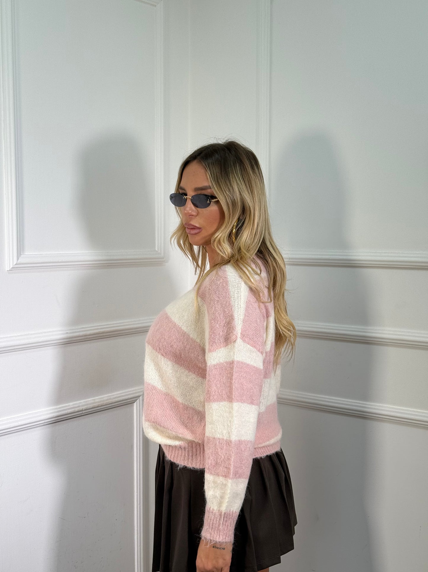 Maglioncino scollo a V in lana cotta Soft rosa/panna 3055