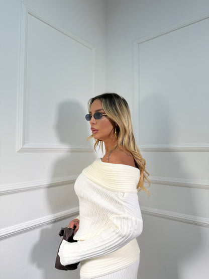 Coordinato a costine scollo a barca Shanty panna g173