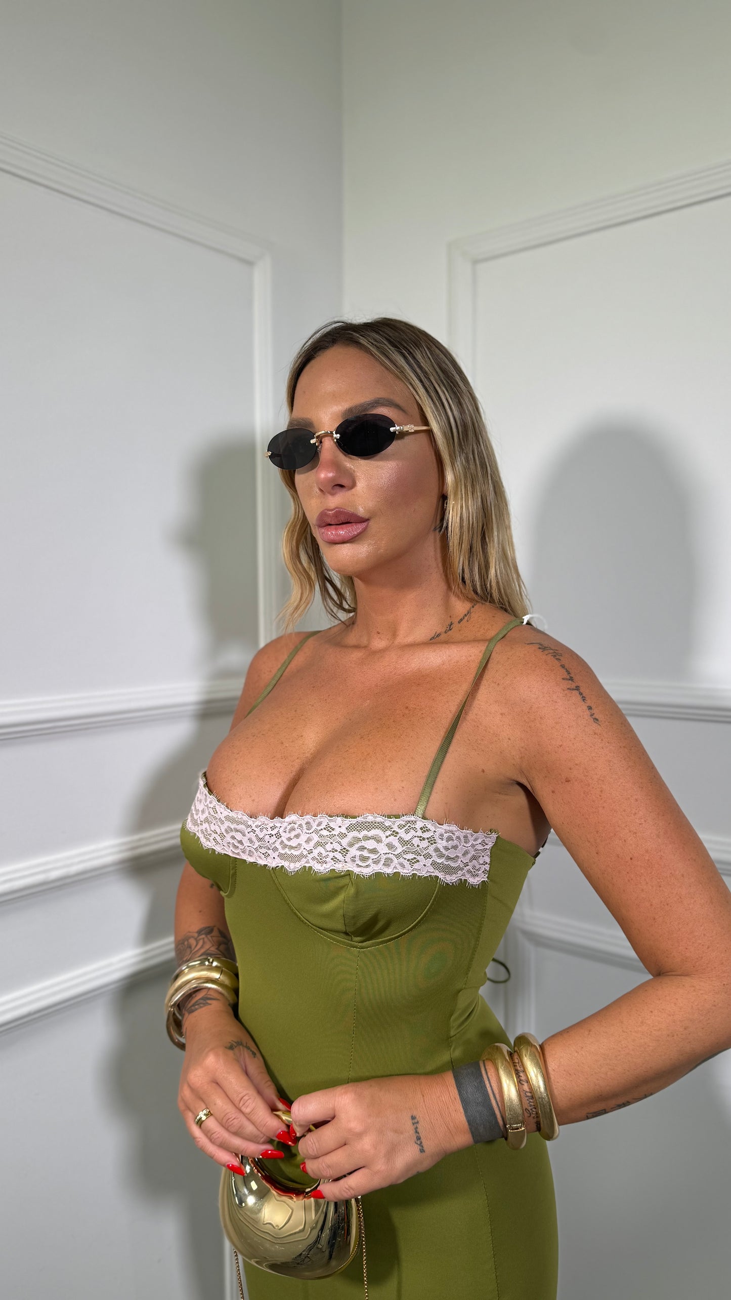 Abito lungo in lycra con pizzo Kendra verde acido
