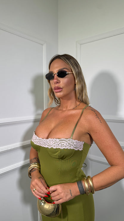 Abito lungo in lycra con pizzo Kendra verde acido