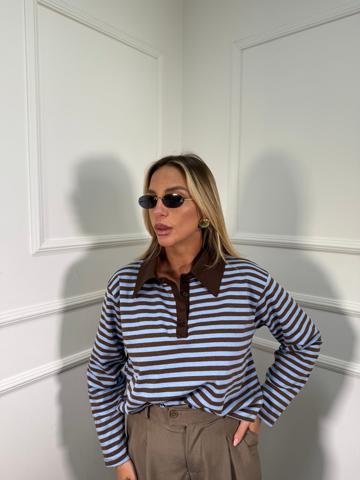 Polo a righe in cotone City azzurra/cacao 22645