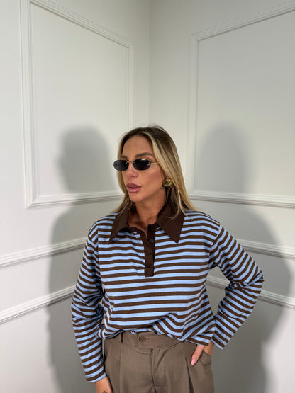 Polo a righe in cotone City azzurra/cacao 22645