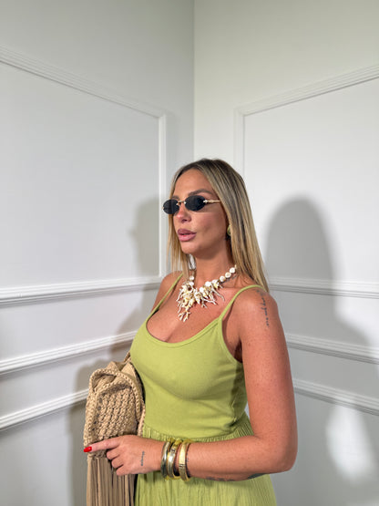 Abito midi in cotone con top a costine verde acido 26705